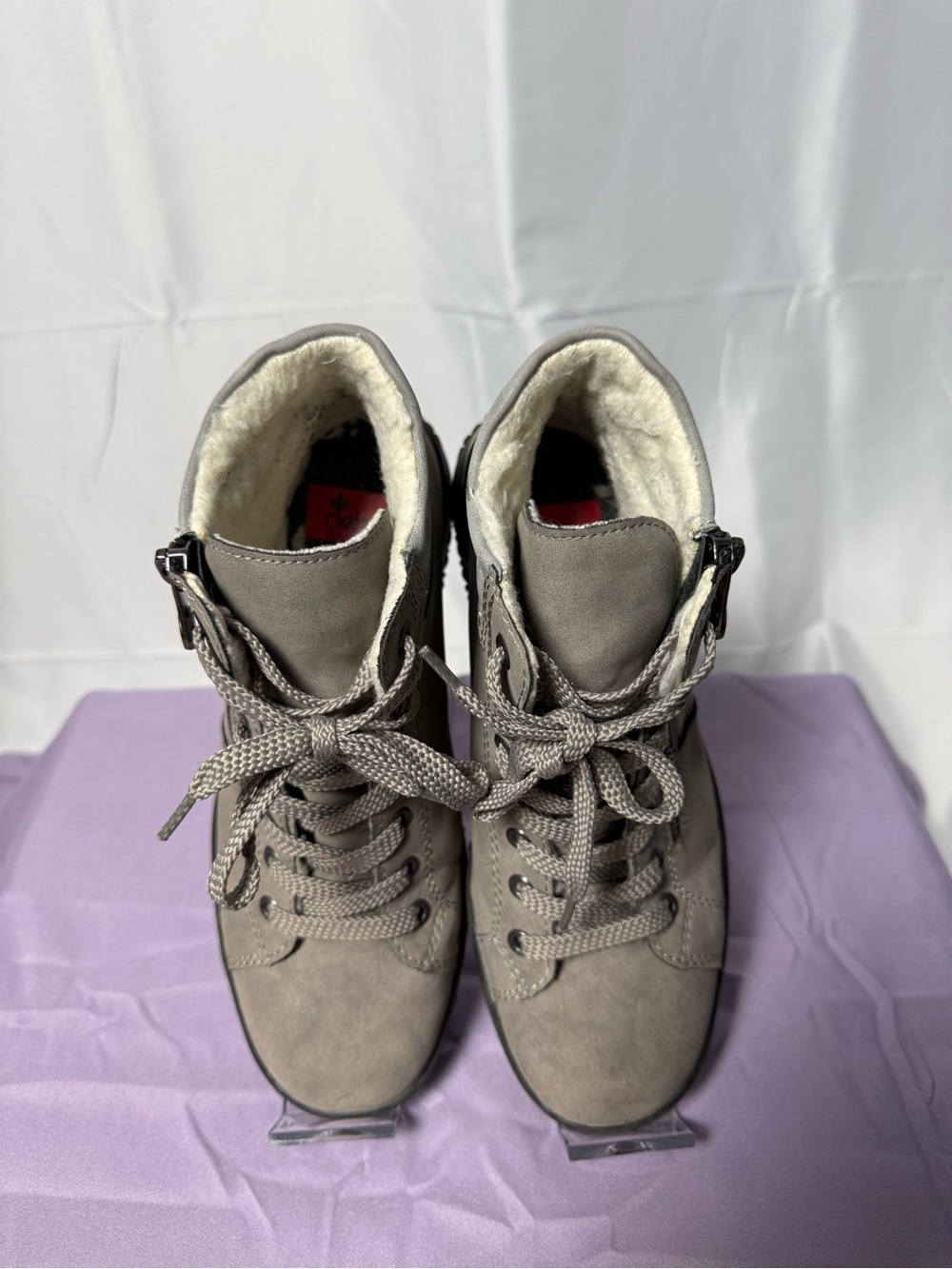 Rieker Gray Lace-Up Faux Fur Ankle Boots